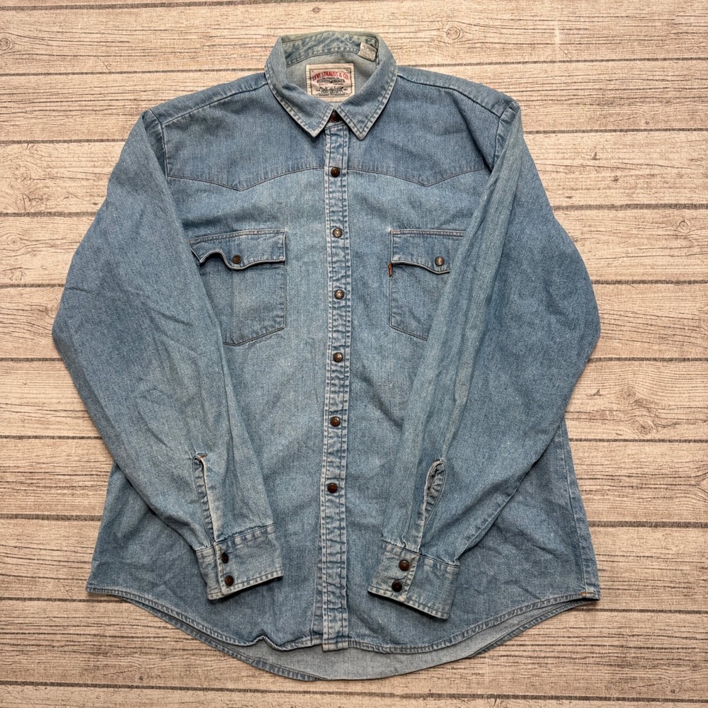 Vintage Levi's Shirt Mens XL Blue Denim Orange Tab Pearl Snap Long Sleeve Cotton